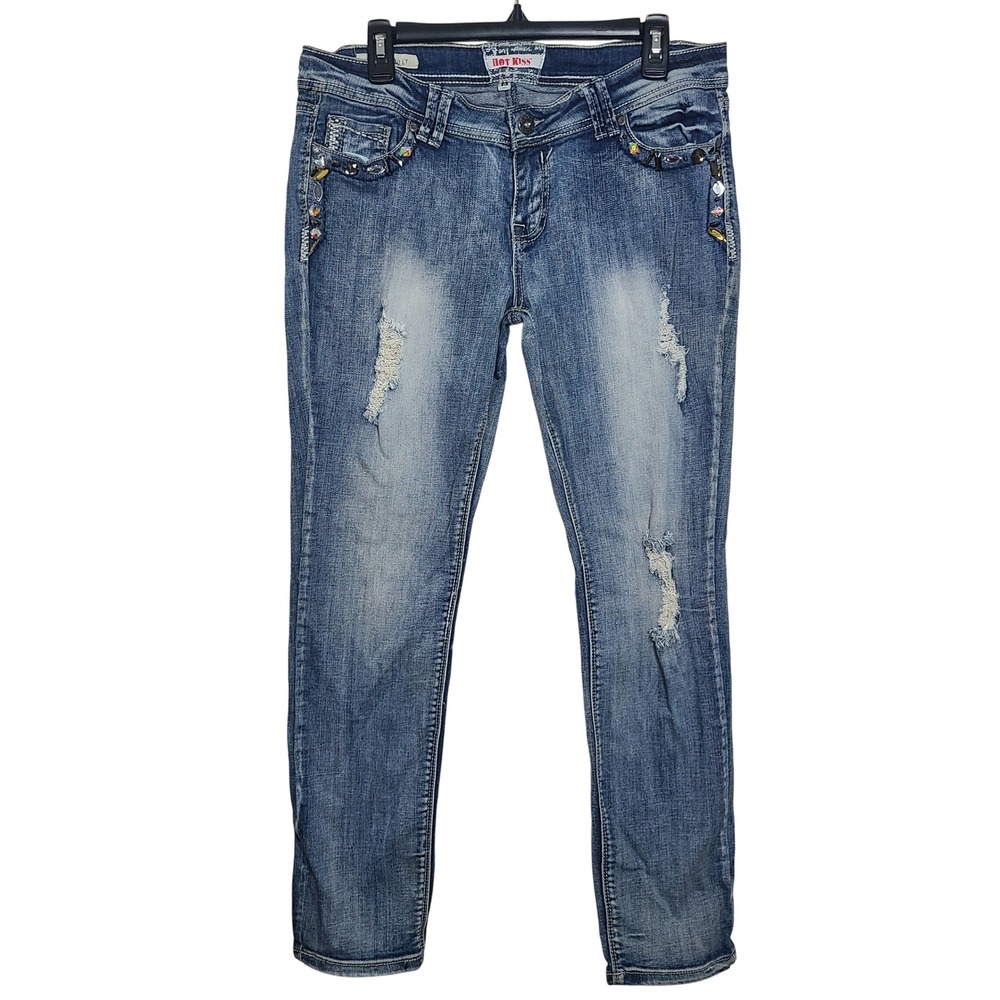 Y2K Hot Kiss Distressed Skinny Lily Jeans Embellished Pockets 13‎ JR Rhinestones
